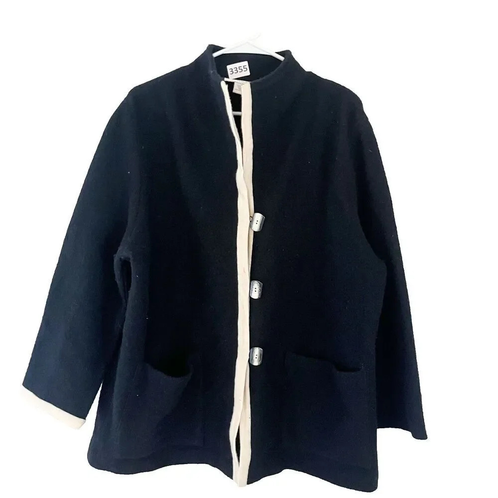 Elana By Tanner Womens Black White Overcoat 1 Long Sleeve Pockets Wool Jacket **